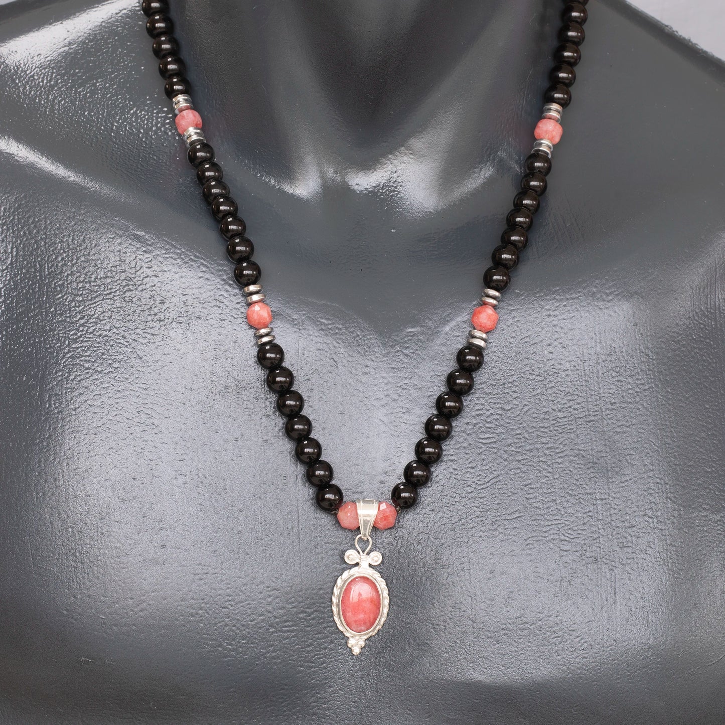 Natural Rhodochrosite Silver Pendant, Natural Rhodochrosite & Black Onyx Beaded Clasp Necklace
