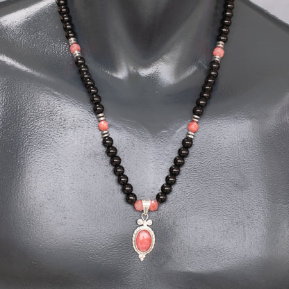 Natural Rhodochrosite Silver Pendant, Natural Rhodochrosite & Black Onyx Beaded Clasp Necklace