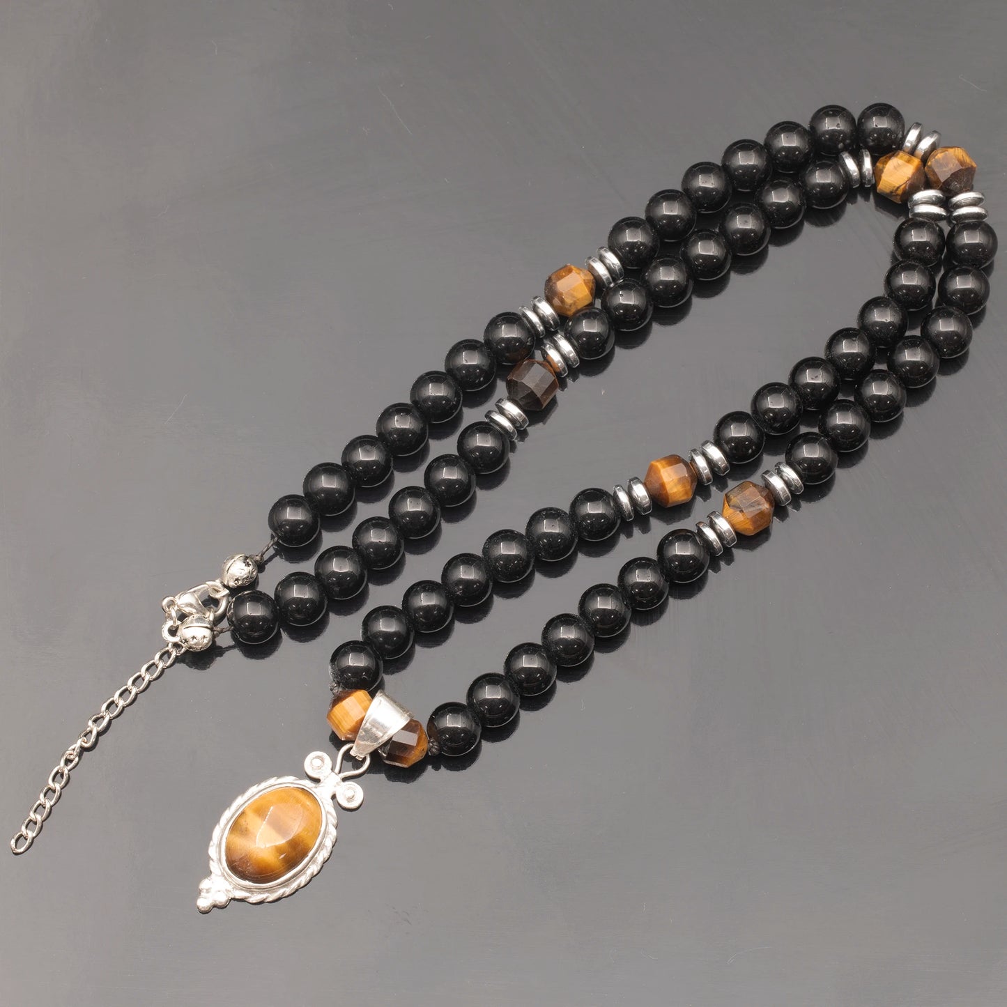 Natural Tiger Eye Silver Pendant, Natural Tiger Eye & Black Onyx Beaded Clasp Necklace