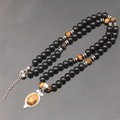 Natural Tiger Eye Silver Pendant, Natural Tiger Eye & Black Onyx Beaded Clasp Necklace