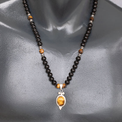 Natural Tiger Eye Silver Pendant, Natural Tiger Eye & Black Onyx Beaded Clasp Necklace