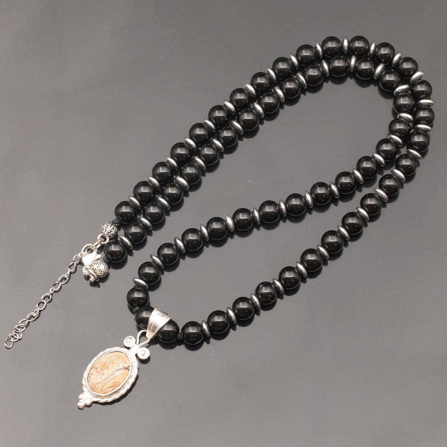 Natural Picture Jasper Silver Pendant, Natural Black Onyx Beaded Clasp Necklace