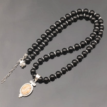 Natural Picture Jasper Silver Pendant, Natural Black Onyx Beaded Clasp Necklace