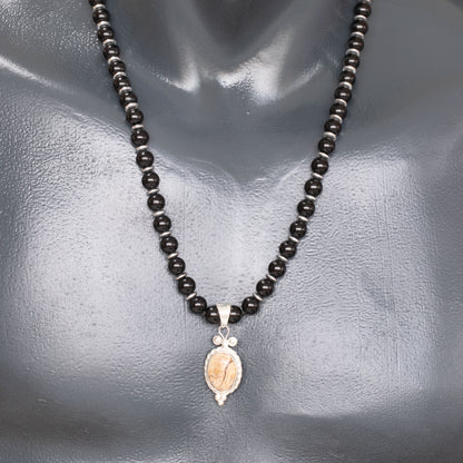 Natural Picture Jasper Silver Pendant, Natural Black Onyx Beaded Clasp Necklace
