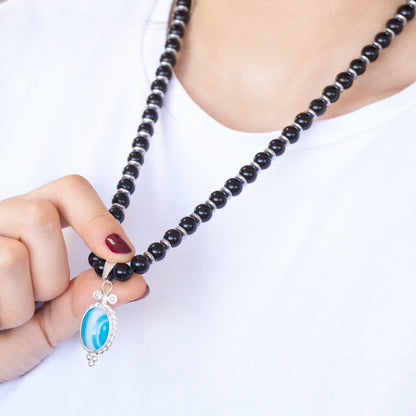 Natural Blue Agate Silver Pendant, Natural Black Onyx Beaded Clasp Necklace