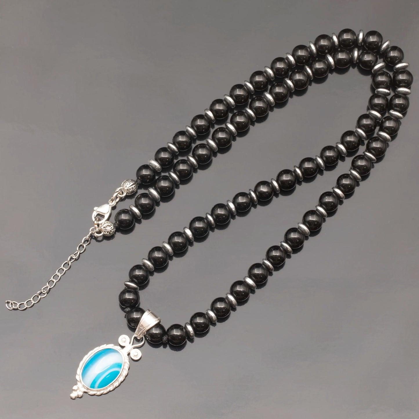 Natural Blue Agate Silver Pendant, Natural Black Onyx Beaded Clasp Necklace