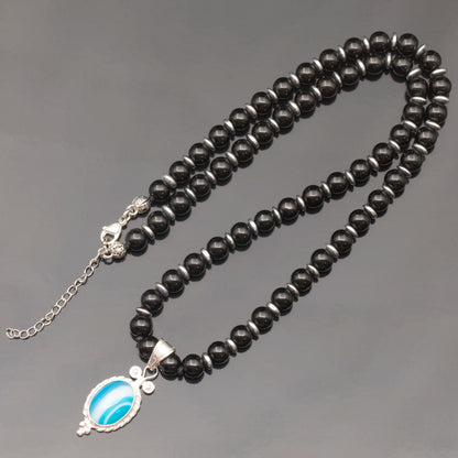 Natural Blue Agate Silver Pendant, Natural Black Onyx Beaded Clasp Necklace