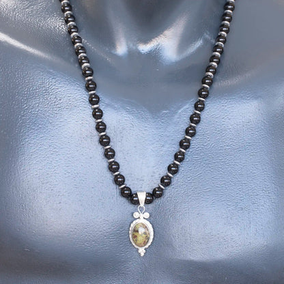 Natural Bloodstone Silver Pendant, Natural Black Onyx Beaded Clasp Necklace