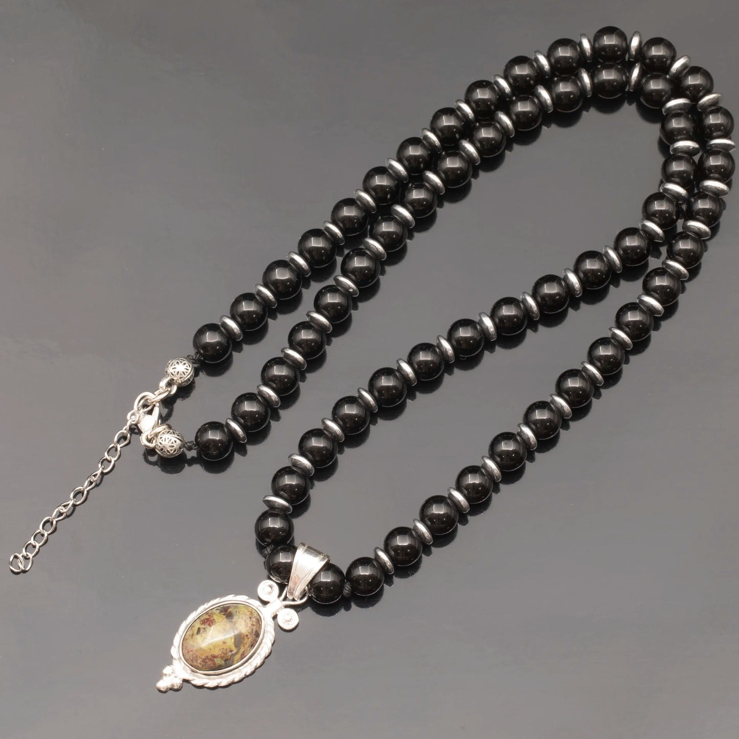 Natural Bloodstone Silver Pendant, Natural Black Onyx Beaded Clasp Necklace