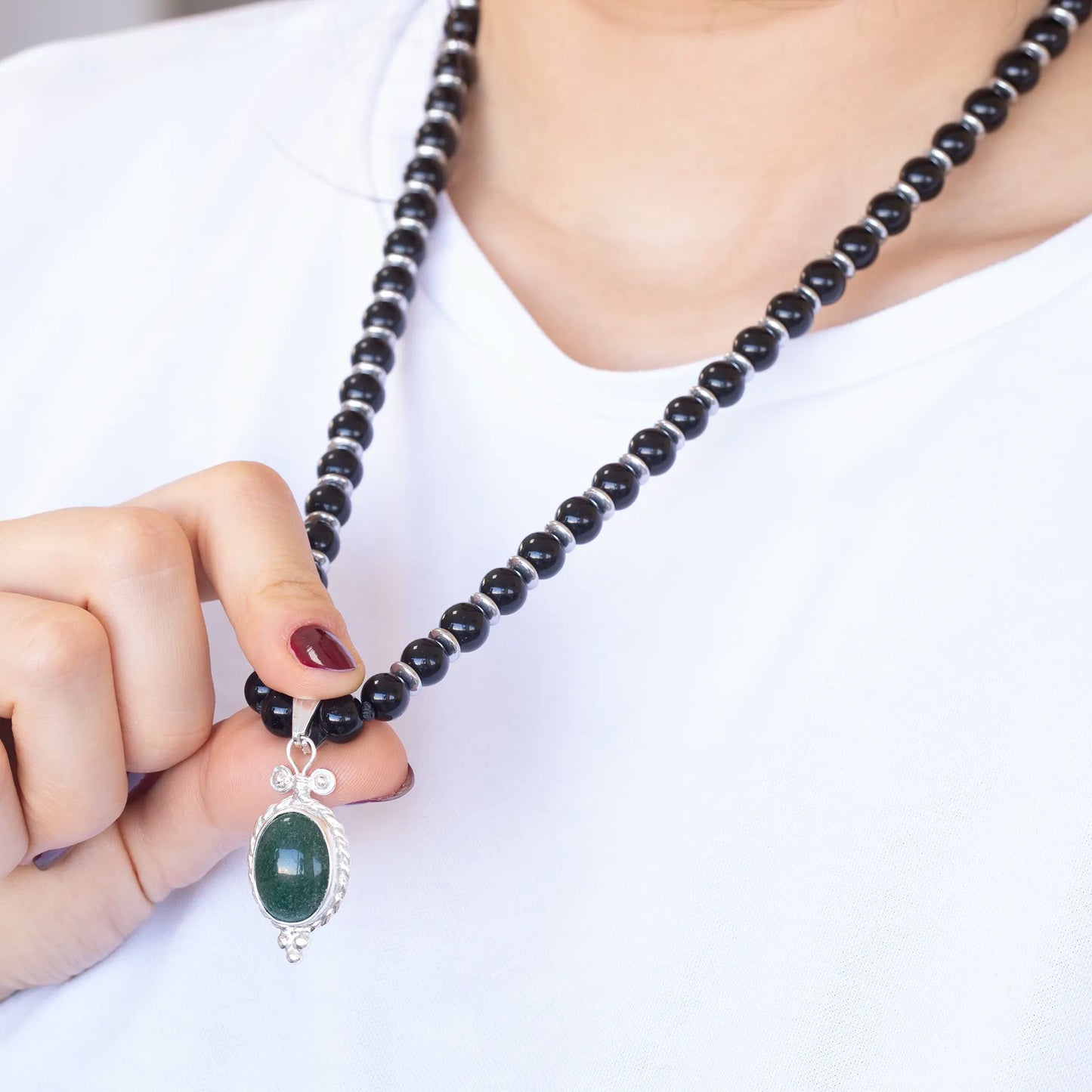 Natural Nephrite Jade Silver Pendant, Natural Black Onyx Beaded Clasp Necklace