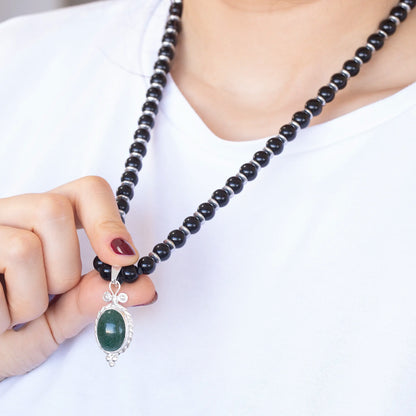 Natural Nephrite Jade Silver Pendant, Natural Black Onyx Beaded Clasp Necklace