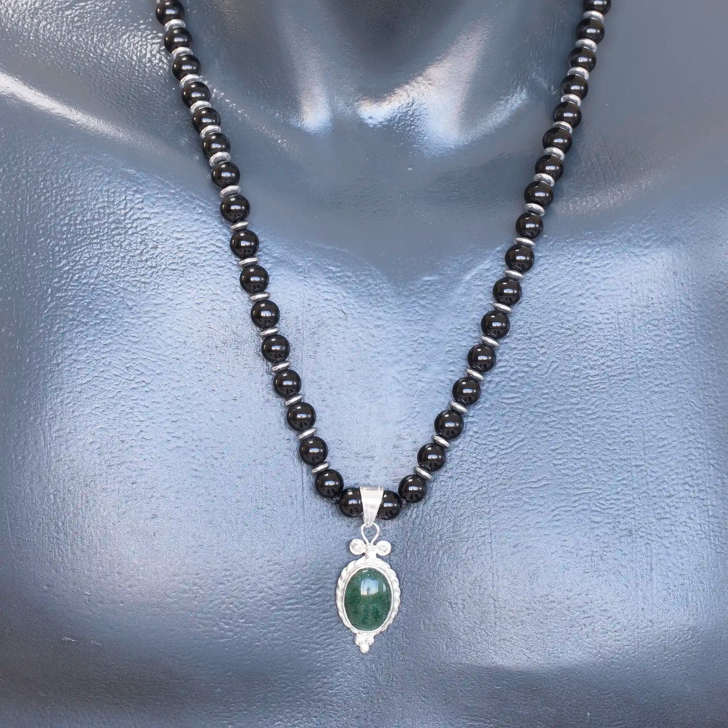 Natural Nephrite Jade Silver Pendant, Natural Black Onyx Beaded Clasp Necklace