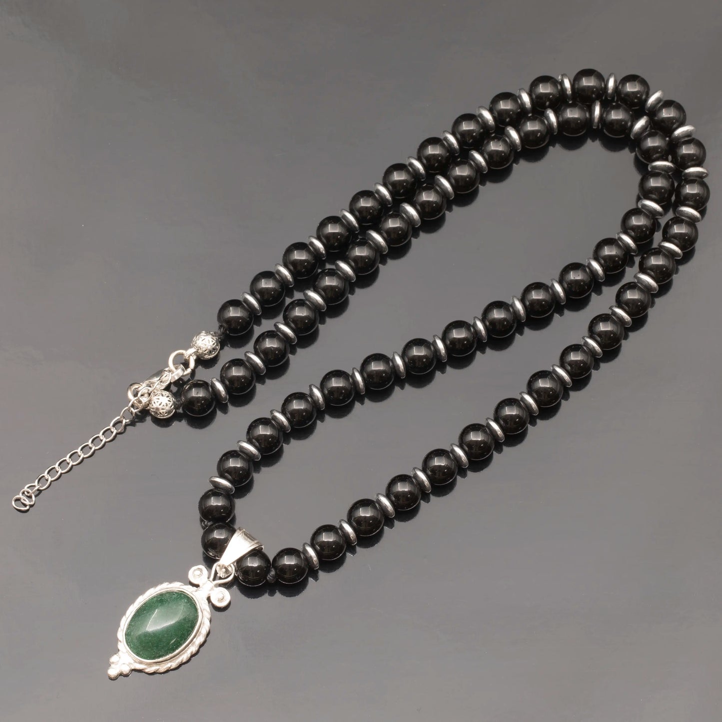 Natural Nephrite Jade Silver Pendant, Natural Black Onyx Beaded Clasp Necklace