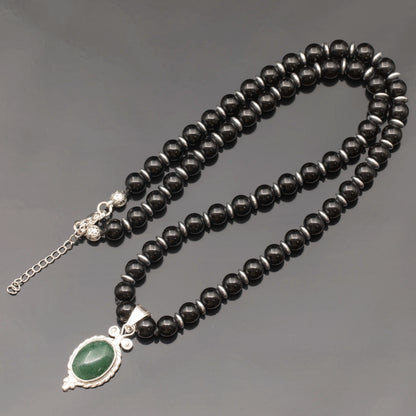 Natural Nephrite Jade Silver Pendant, Natural Black Onyx Beaded Clasp Necklace