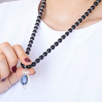 Natural Kyanite Silver Pendant, Natural Black Onyx Beaded Clasp Necklace