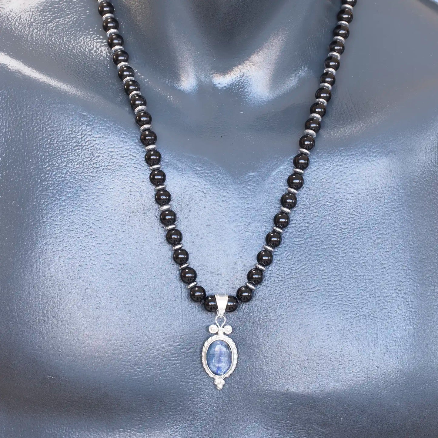 Natural Kyanite Silver Pendant, Natural Black Onyx Beaded Clasp Necklace