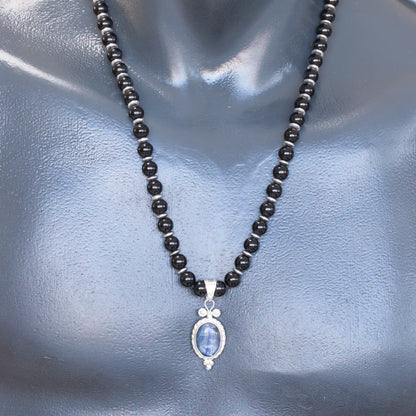 Natural Kyanite Silver Pendant, Natural Black Onyx Beaded Clasp Necklace