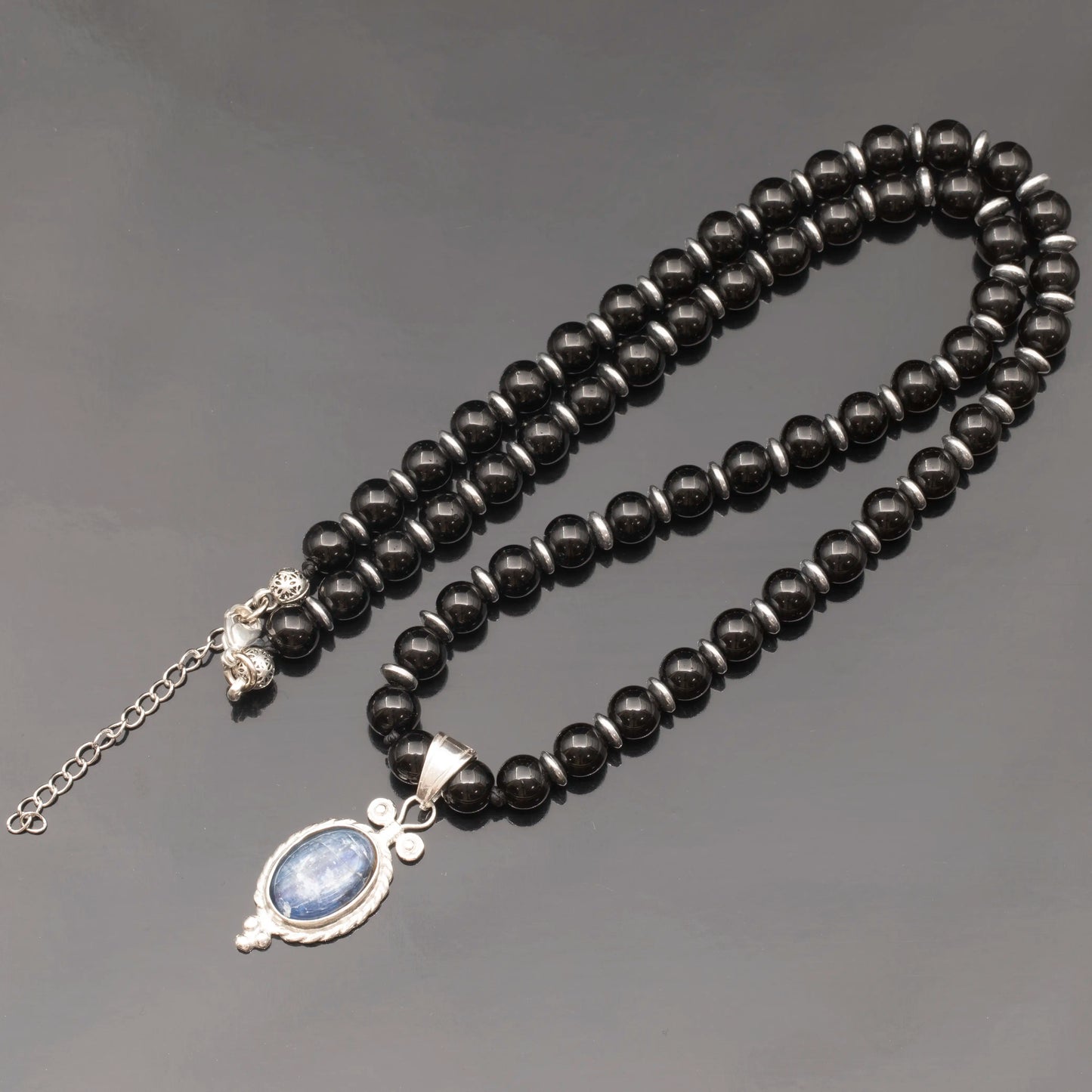 Natural Kyanite Silver Pendant, Natural Black Onyx Beaded Clasp Necklace