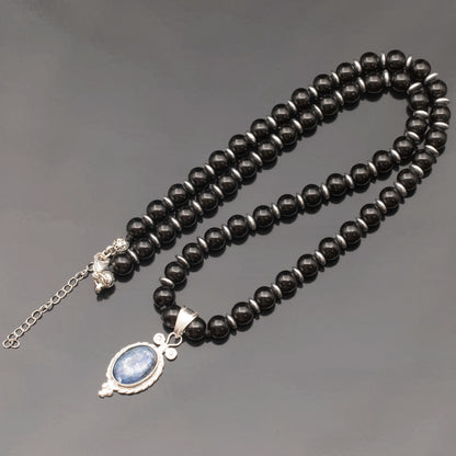 Natural Kyanite Silver Pendant, Natural Black Onyx Beaded Clasp Necklace