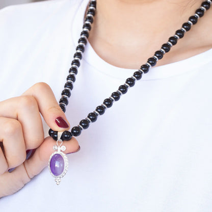 Natural Purple Agate Silver Pendant, Natural Black Onyx Beaded Clasp Necklace