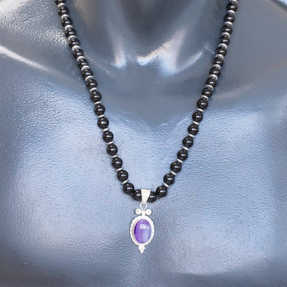 Natural Purple Agate Silver Pendant, Natural Black Onyx Beaded Clasp Necklace