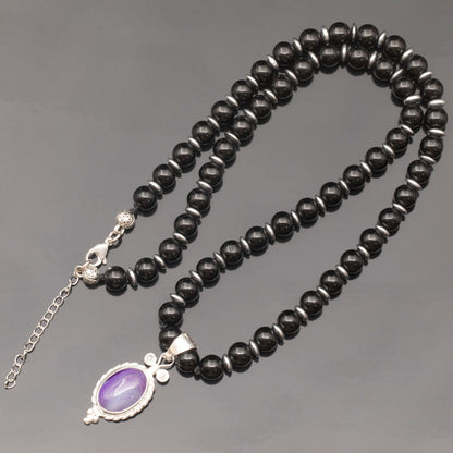 Natural Purple Agate Silver Pendant, Natural Black Onyx Beaded Clasp Necklace