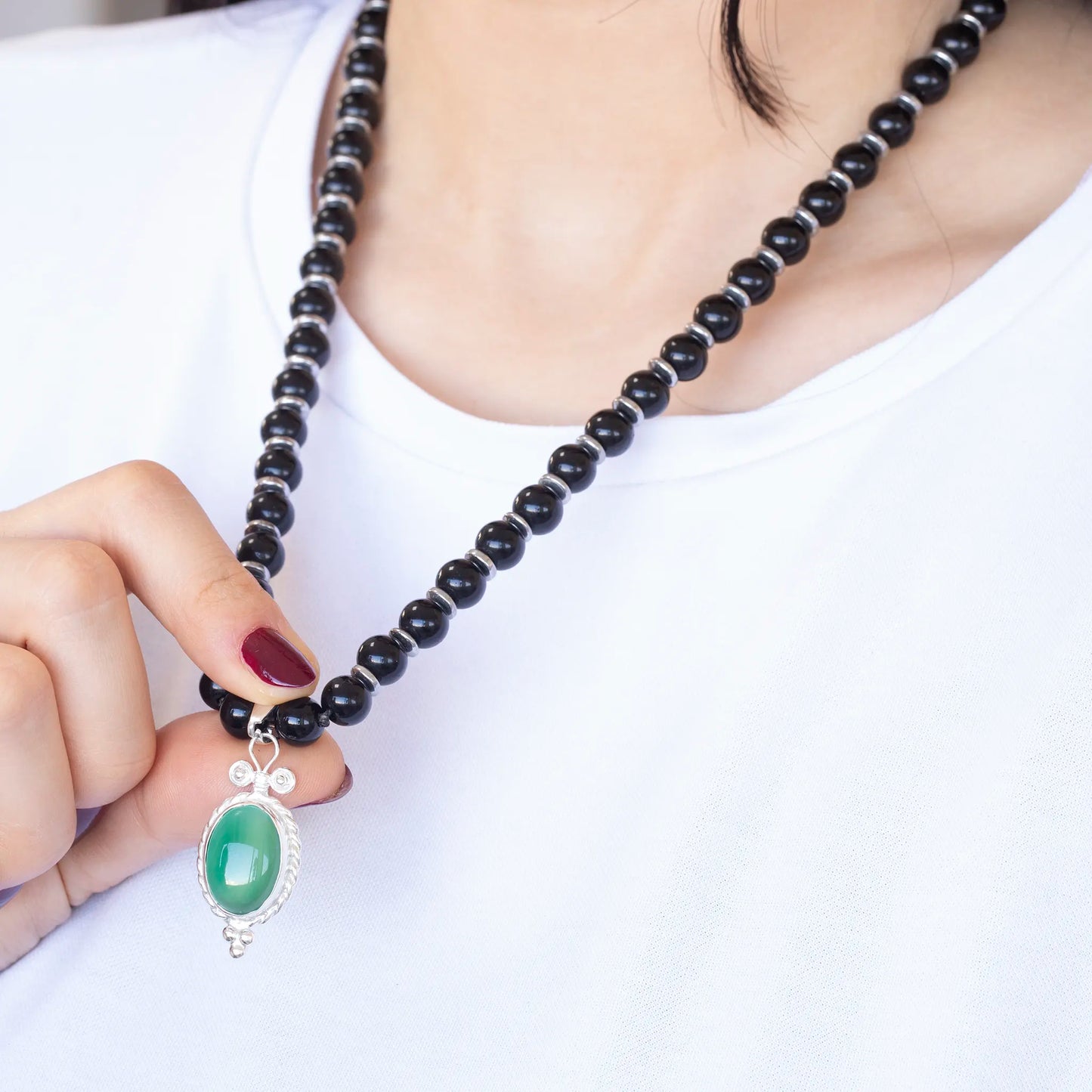 Natural Green Agate Silver Pendant, Natural Black Onyx Beaded Clasp Necklace