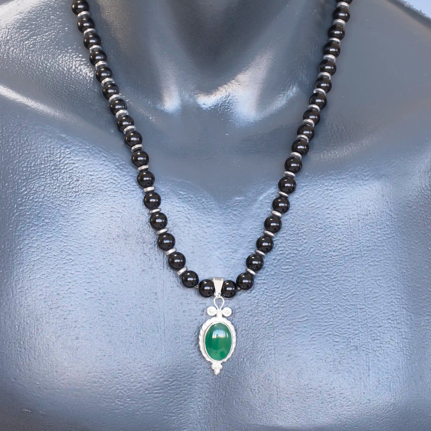 Natural Green Agate Silver Pendant, Natural Black Onyx Beaded Clasp Necklace
