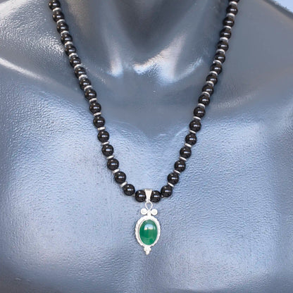 Natural Green Agate Silver Pendant, Natural Black Onyx Beaded Clasp Necklace