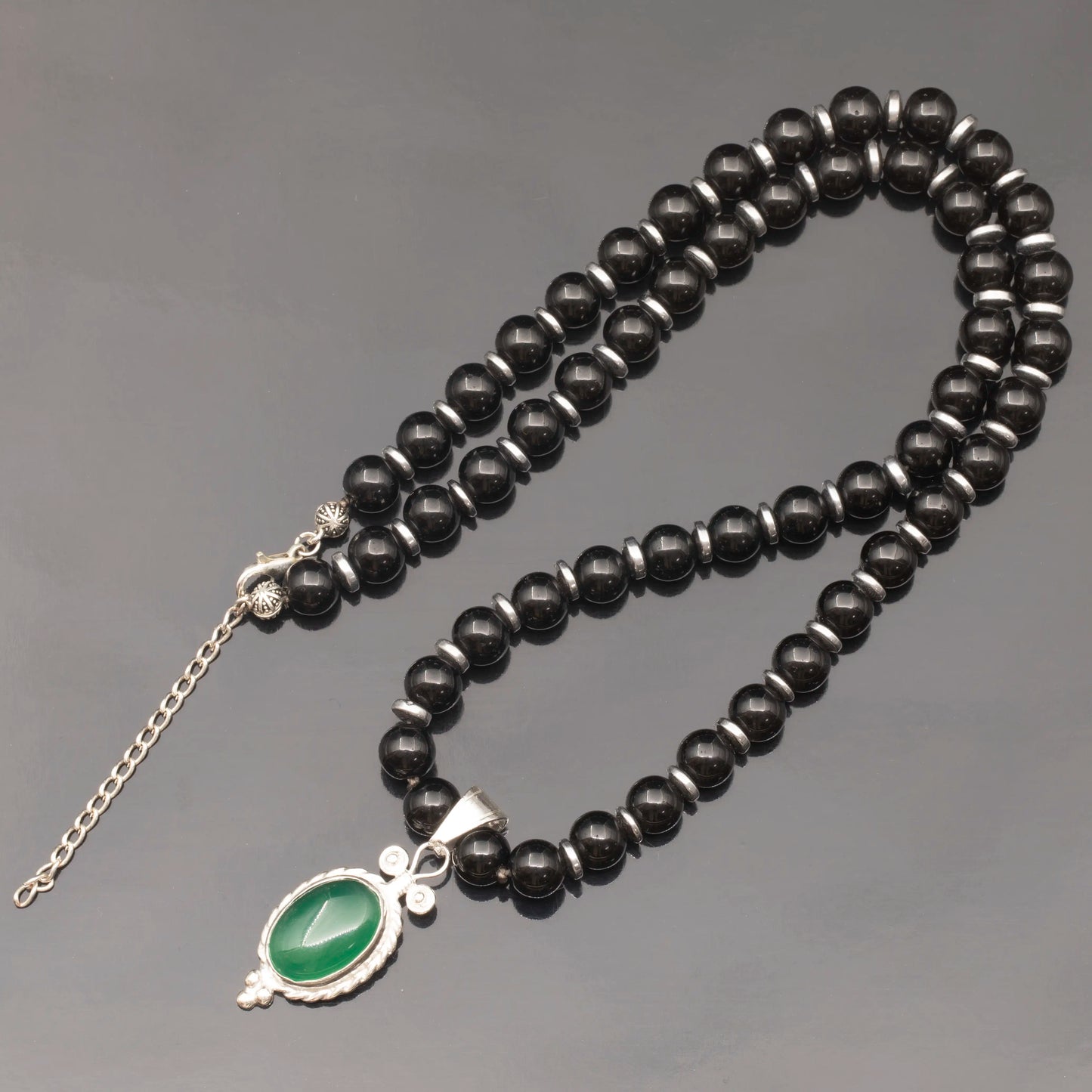 Natural Green Agate Silver Pendant, Natural Black Onyx Beaded Clasp Necklace