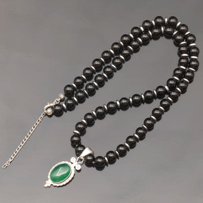 Natural Green Agate Silver Pendant, Natural Black Onyx Beaded Clasp Necklace