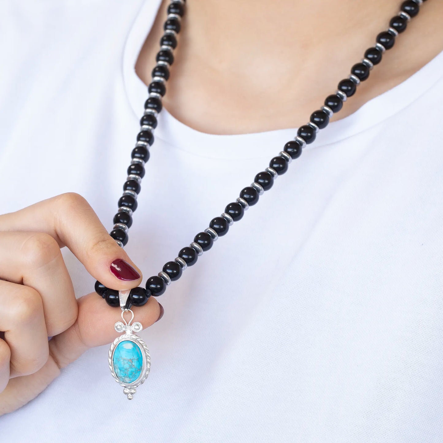 Natural Blue Imperial Jasper Silver Pendant, Natural Black Onyx Beaded Clasp Necklace