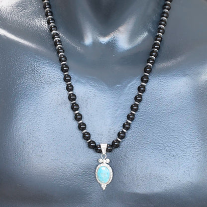 Natural Blue Imperial Jasper Silver Pendant, Natural Black Onyx Beaded Clasp Necklace