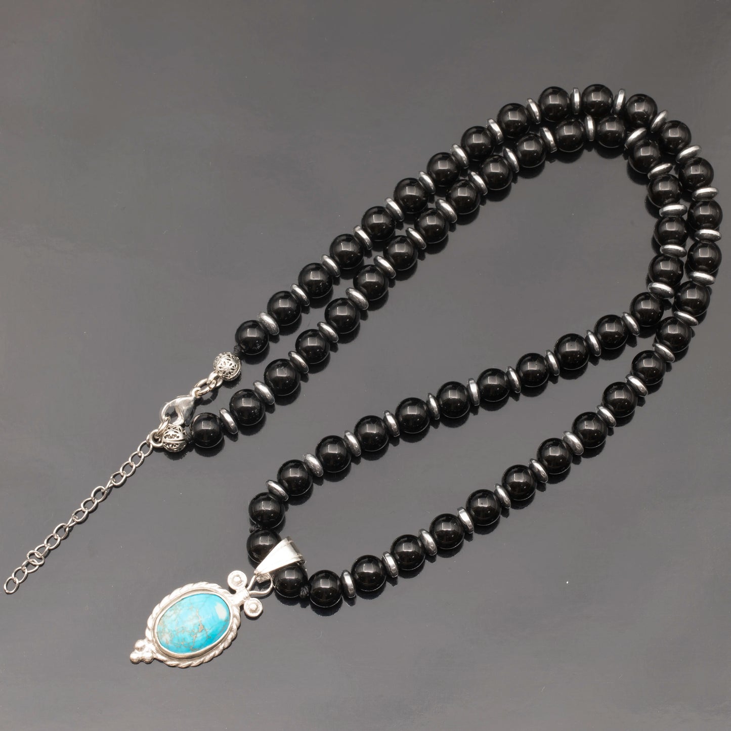 Natural Blue Imperial Jasper Silver Pendant, Natural Black Onyx Beaded Clasp Necklace