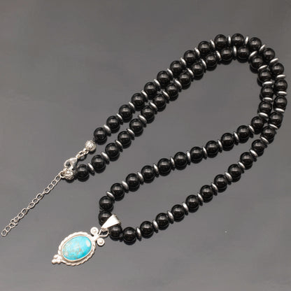 Natural Blue Imperial Jasper Silver Pendant, Natural Black Onyx Beaded Clasp Necklace