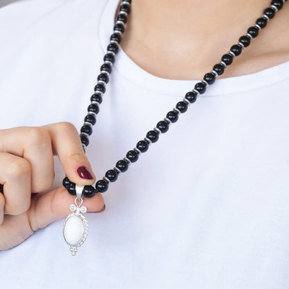 Natural White Quartz Silver Pendant, Natural Black Onyx Beaded Clasp Necklace