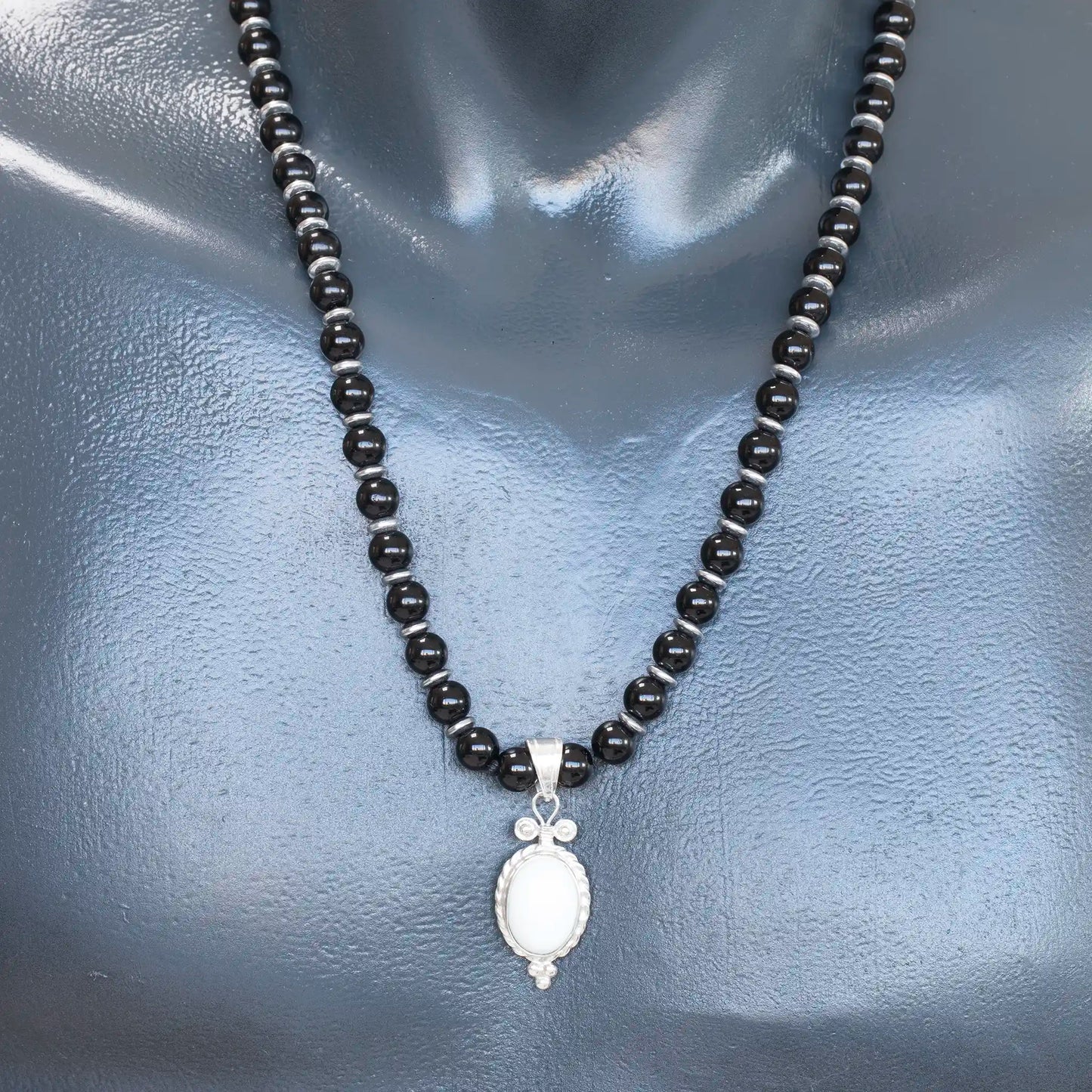 Natural White Quartz Silver Pendant, Natural Black Onyx Beaded Clasp Necklace