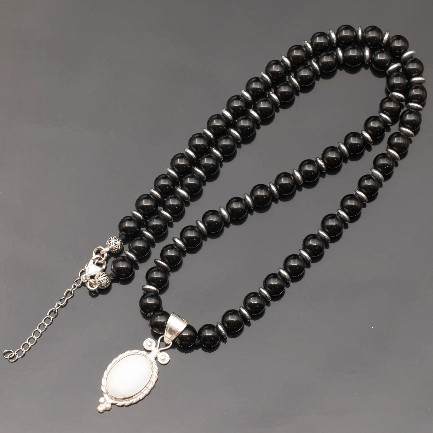 Natural White Quartz Silver Pendant, Natural Black Onyx Beaded Clasp Necklace