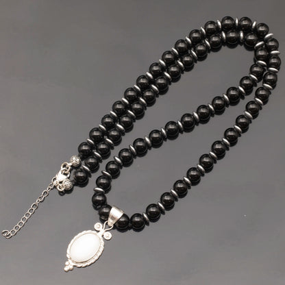 Natural White Quartz Silver Pendant, Natural Black Onyx Beaded Clasp Necklace