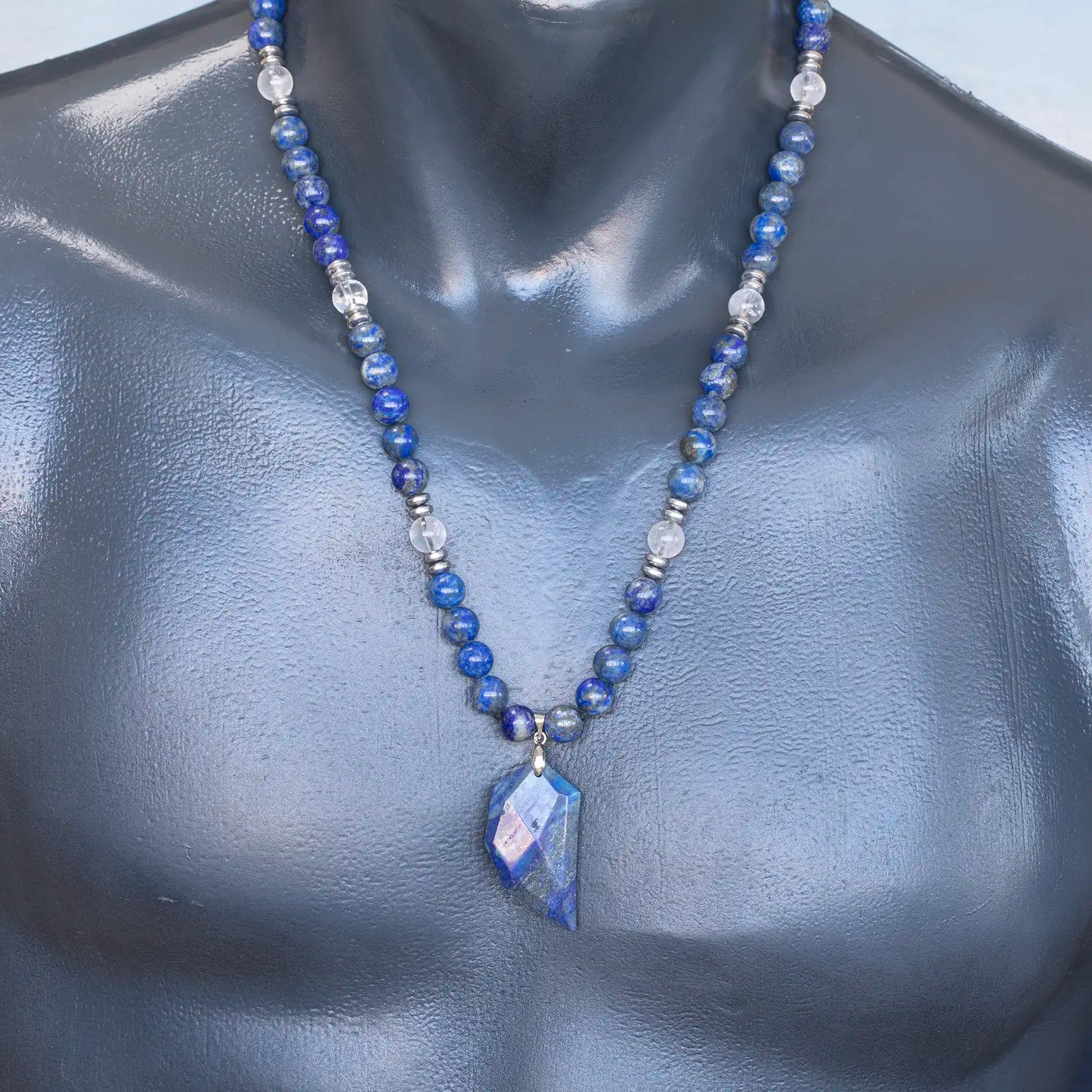 Natural Lapis Lazuli Half Heart Pendant, Natural Lapis Lazuli & Clear Quartz Beaded Clasp Necklace