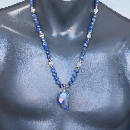 Natural Lapis Lazuli Half Heart Pendant, Natural Lapis Lazuli & Clear Quartz Beaded Clasp Necklace