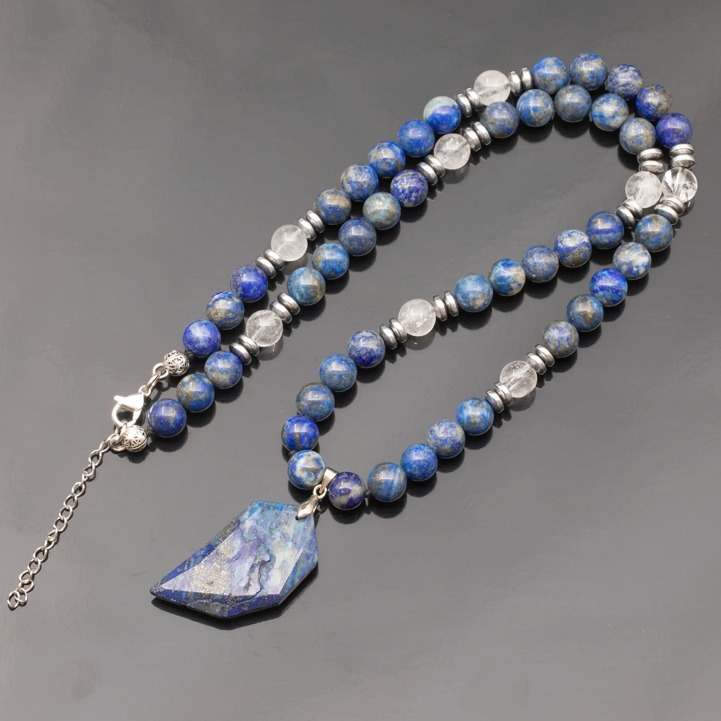 Natural Lapis Lazuli Half Heart Pendant, Natural Lapis Lazuli & Clear Quartz Beaded Clasp Necklace