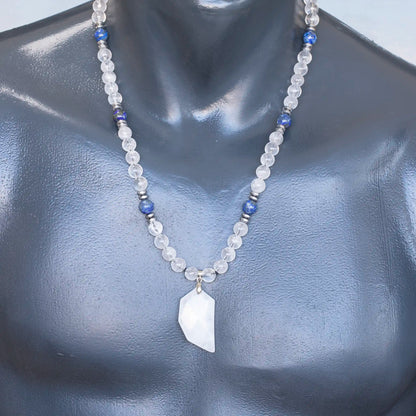 Natural Clear Quartz Half Heart Pendant, Natural Clear Quartz & Lapis Lazuli Beaded Clasp Necklace