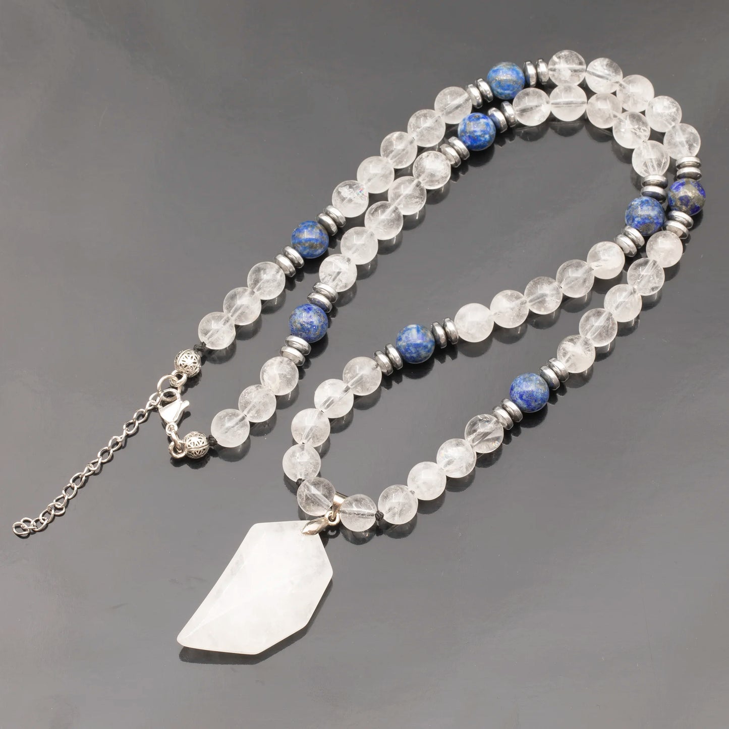 Natural Clear Quartz Half Heart Pendant, Natural Clear Quartz & Lapis Lazuli Beaded Clasp Necklace