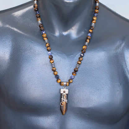 Colgante de león de latón, collar de macramé con cuentas de piedra de lava y ónix negro natural