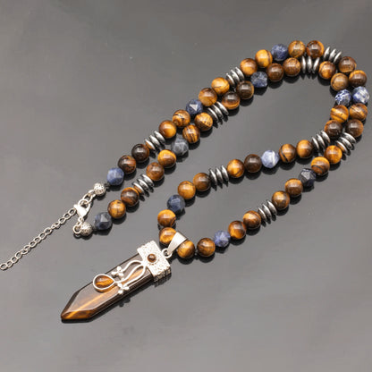 Colgante de león de latón, collar de macramé con cuentas de piedra de lava y ónix negro natural