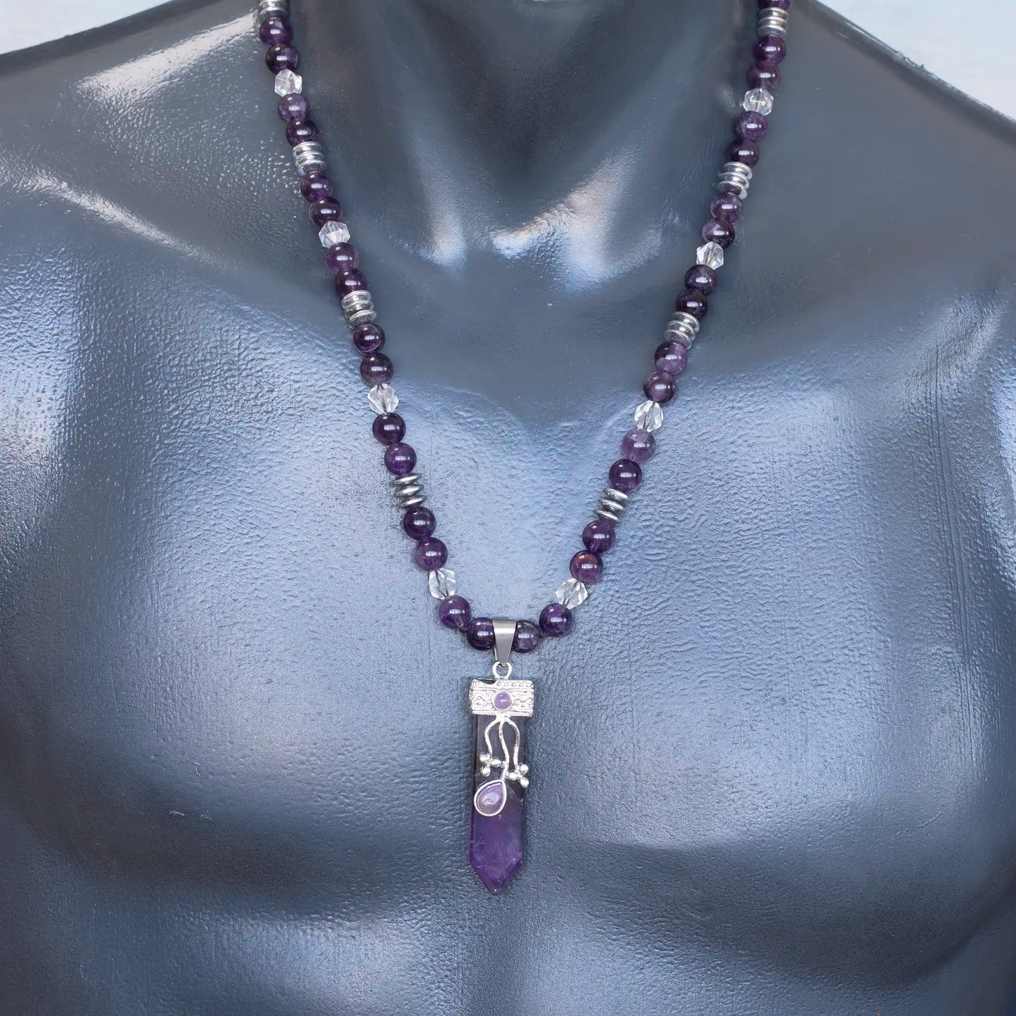 Natural Amethyst Sword Pendant, Natural Amethyst & Clear Quartz Beaded Clasp Necklace - ElisaJewelryArt