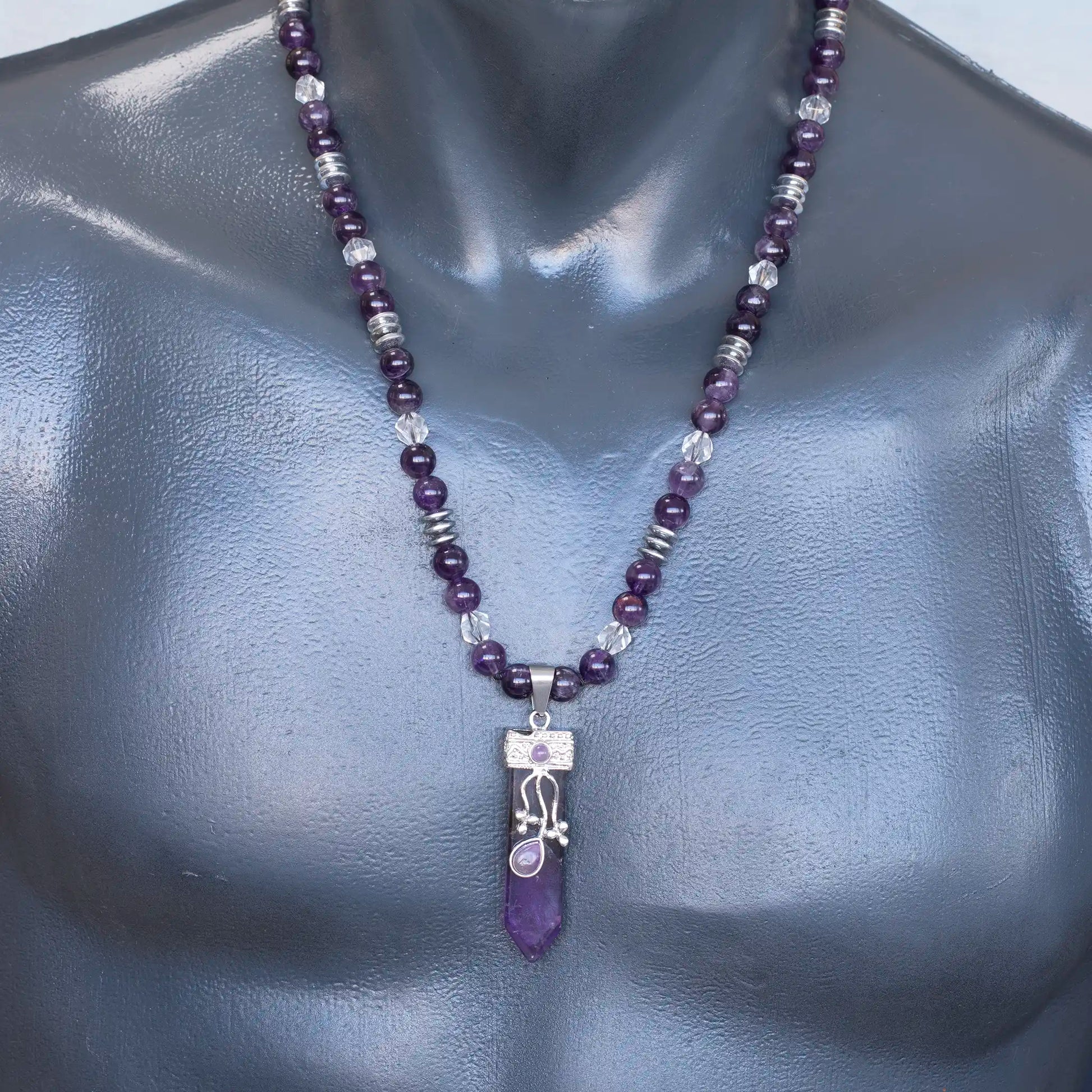 Natural Amethyst Sword Pendant, Natural Amethyst & Clear Quartz Beaded Clasp Necklace - ElisaJewelryArt