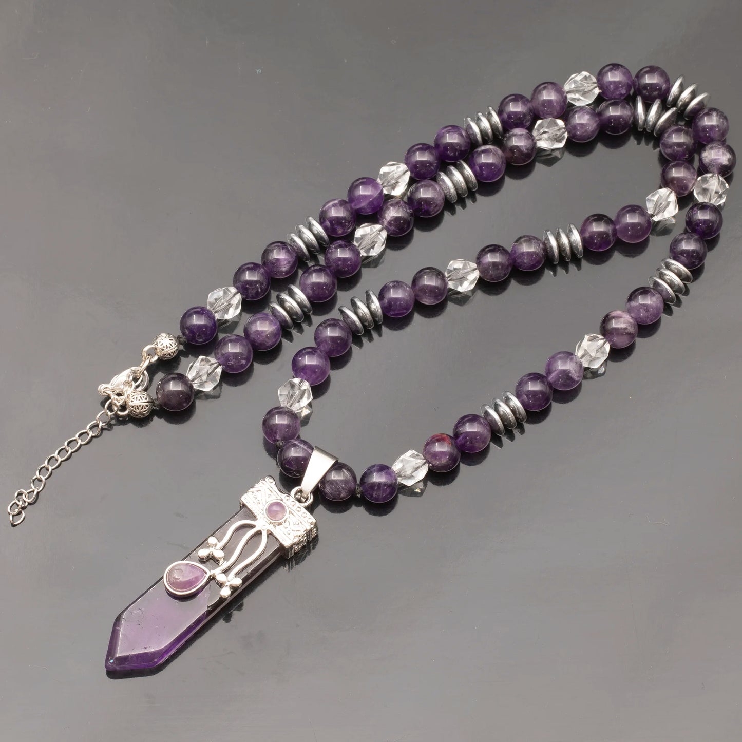 Natural Amethyst Sword Pendant, Natural Amethyst & Clear Quartz Beaded Clasp Necklace - ElisaJewelryArt