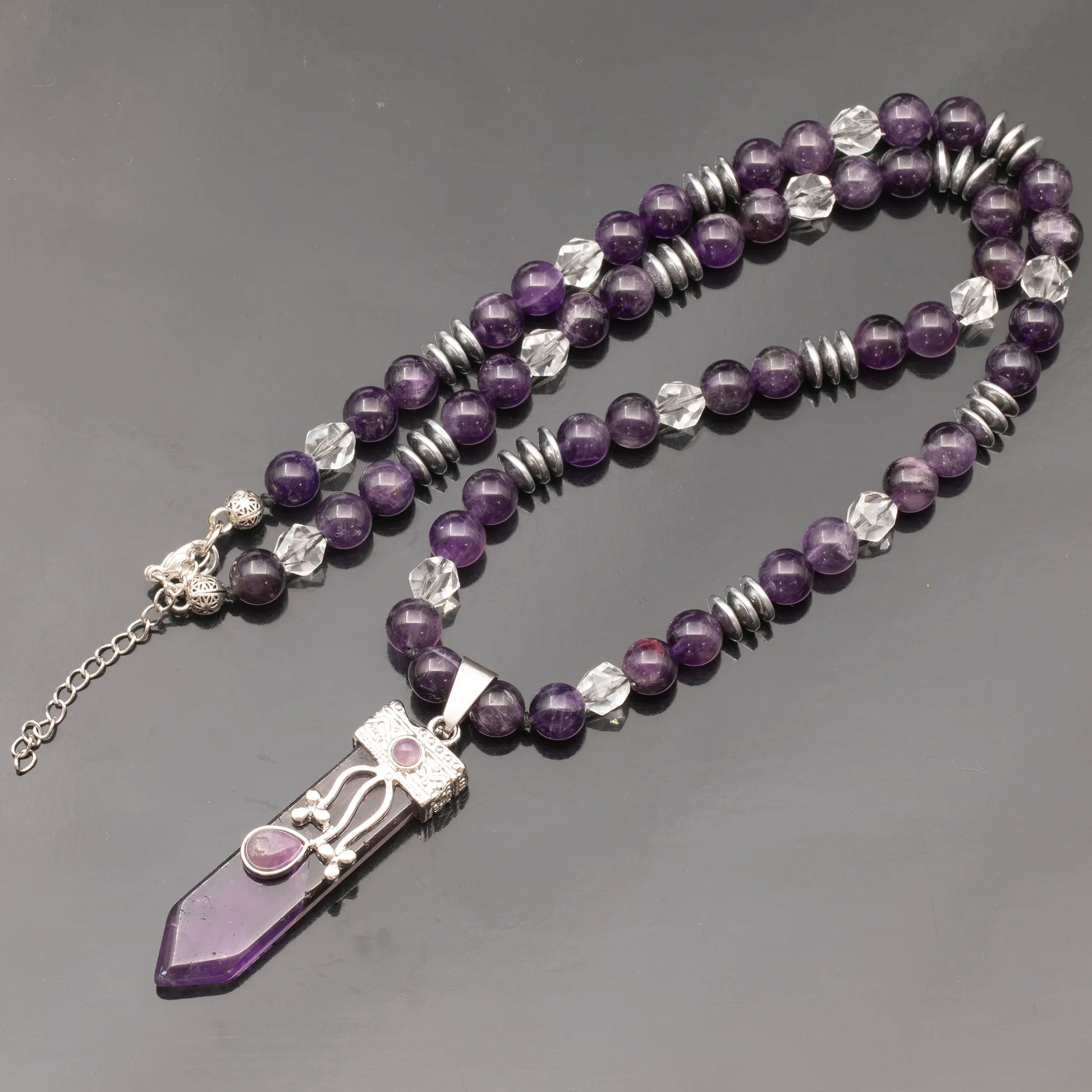Natural Amethyst Sword Pendant, Natural Amethyst & Clear Quartz Beaded Clasp Necklace - ElisaJewelryArt